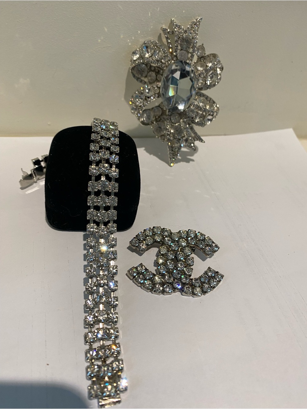 CHANEL Silver Crystal CC Logo Brooch with Clear Rhinestones